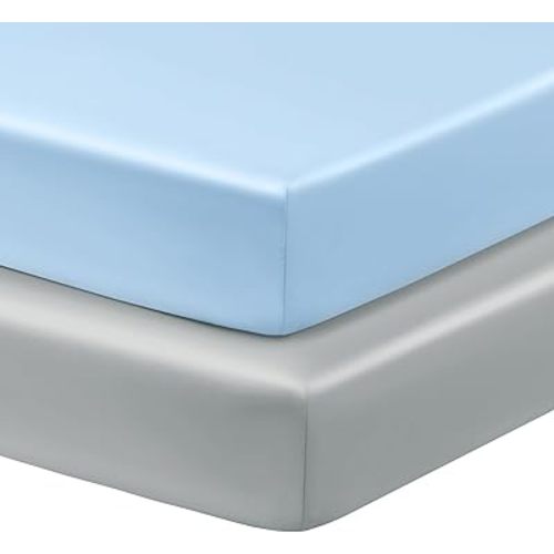 Horbaunal 2 Pack Satin Pack n Play Sheets for Baby with Sensitive Hair and Skin, Silky Mini Crib Sheets 38" x 24" x 5", Soft Playard Sheet Protector Baby Mattress Sheet, Baby Blue & Grey
