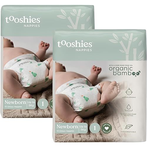 Tooshies Nappies | Size 1 Newborn 3-5kg | Made with Organic Bamboo | 12 hrs leak free | Unisex | Pear Print | 2 x 52pk | 104 count | 2 WEEK SUPPLY