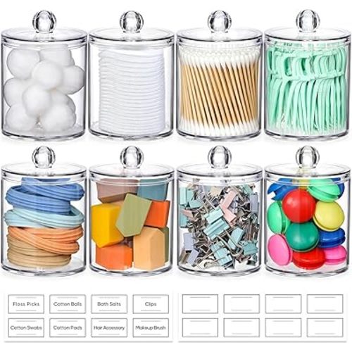 AOZITA 8 Pack Acrylic Qtip Holder Dispenser with Lids & Labels, Cotton Swab, Ball, Round Pads, Floss Picks Storage Canister - Clear Plastic Apothecary Jar for Bathroom Vanity Makeup Organizer