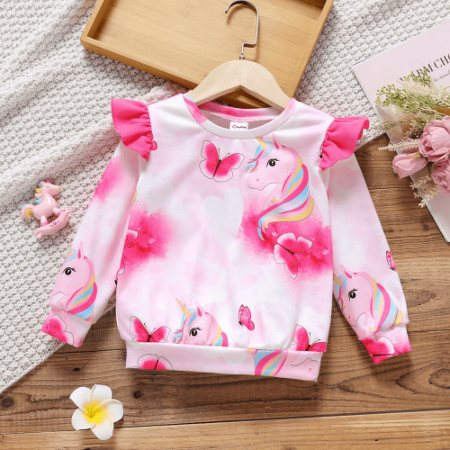 PatPat Toddler Girl Clothes Spring Sweatshirt Pink Gift Animal Unicorn Butterfly Print Ruffled Pink Pullover Sweat 1-6 Years