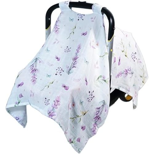 Muslin Baby Carseat Cover - Green & White Plaid Infant Carrier Canopy, Soft & Breathable Car Seat Cover for Babies, Lightweight Sunshade for Summer, Universal Fit for Boys & Girls