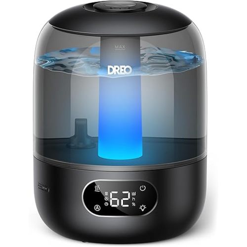 DREO Humidifiers for Bedroom, 3L Top Fill 30H & 26dB Quiet Runtime for Large Room, Cool Mist Ultrasonic Humidifier with Humidity Sensor, Night Light for Home, Baby, Nursery, Plants, 360° Nozzle, Black