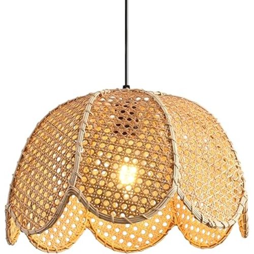 15.75" Rattan Pendant Light Boho Natural Rattan Hanging Lamp,1-Light Hand-Woven Flower Shaped Ceiling Chandelier for Dining Living Bedroom Kitchen Farmhouse