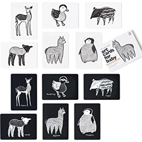 Wee Gallery Art Cards for Baby, Durable High Contrast Black and White Animal Flashcards for Newborns, Brain Development, Sensory Toys, Tummy Time Essentials for Infant and Toddler - Baby Animals