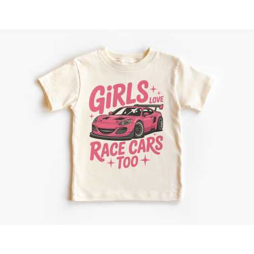 Girly Pink Girls Love Race Cars Too Kids Racer Tee - Cute Girls Racing Day Fast Vehicles Outfit - Natural Boho Toddler, Youth Tee