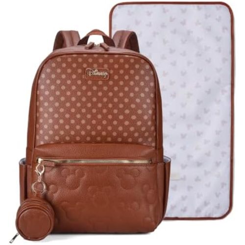 Disney Baby Multi-Functional PU Leather Diaper Bag Backpack with Changing Pad, Pacifier Case, and Insulated Bottle Pockets