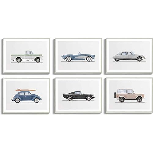 ZLYARTMP 6Pcs Nursery Car Wall Art Vintage Racecar Canvas Pictures Baby Room Supercars Wall Decor Kids Room Watercolor Car Paintings Prints Retro Vehicle Posters For Boys Bedroom Decor Unframed
