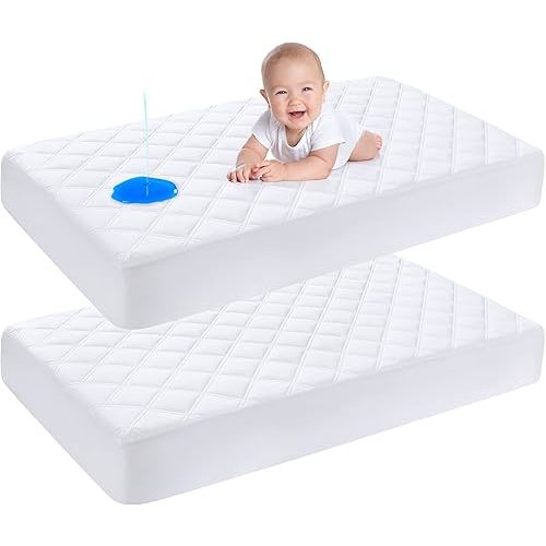 Yoofoss Waterproof Crib Mattress Protector 2 Pack, Quilted Crib Mattress Pad Cover Ultra Soft and Breathable, Machine Washable Toddler Mattress Protector for Standard Baby Crib Size 52''x28''