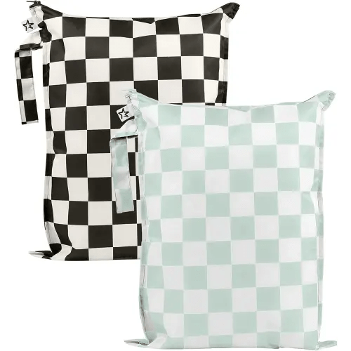 Tiny Twinkle Mess-Proof Waterproof Wet Dry Bag | 2-Pack Reusable Wet Bags for Swimsuits & Baby Clothes | Leakproof Wet Bag for Travel & Diaper Changes for Baby (Black, Green Checkers)