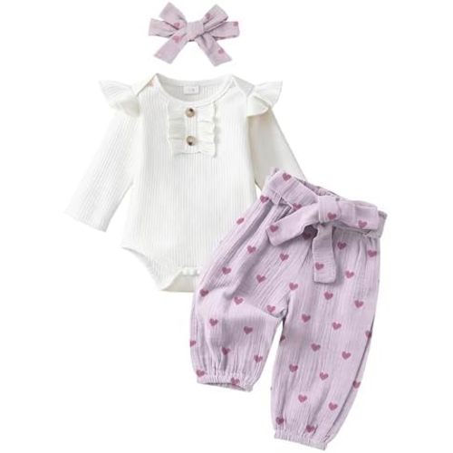 Newborn Baby Girl Clothes Ribbed Knit Romper Heart Daisy Print Pants for 0 3 6 12 18 24 Months Girl Outfits