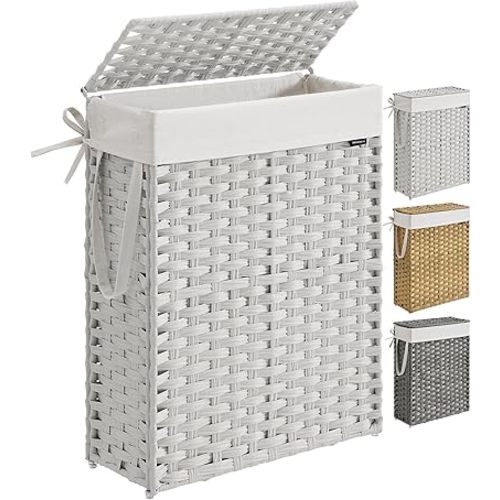 SONGMICS Slim Laundry Hamper with Lid, 14.5 Gallon (55L) Rattan Clothes Laundry Basket with Lid and Handles, Foldable, Removable Liner, Cloud White ULCB164W01