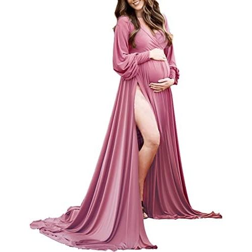 Maternity Gown Bishop Sleeves Baby Shower Dress Wrap Side Slit Sweetheart Maxi Photo Shoot for Photography