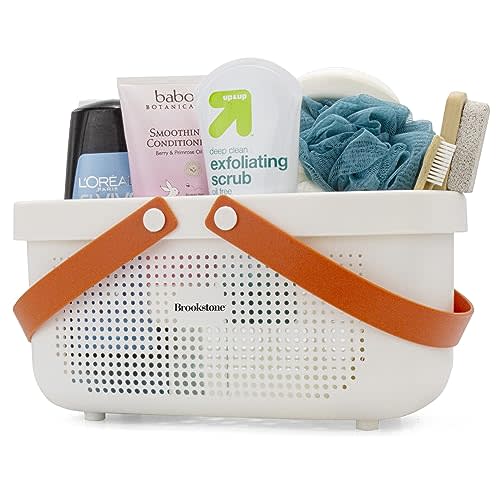 Brookstone Modern Large Portable Shower Caddy with Soft Silicone Carrying Handle, Bathroom Organizer Basket, Plastic Bath Tote and Shower Organizer, Quick Dry Drainage Holes, BPA Free, White