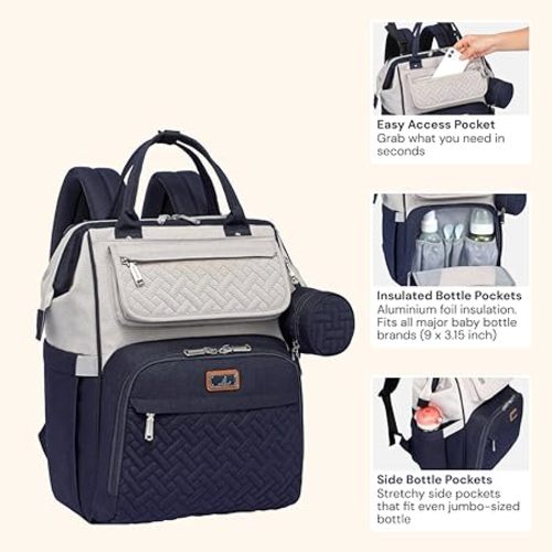 BabbleRoo Diaper Bag Backpack, Multifunction Large Bags with Changing Pad & Stroller Straps Pacifier Case, Unisex Stylish Travel Back Pack Nappy for Moms Dads (Stone Gray Blue)