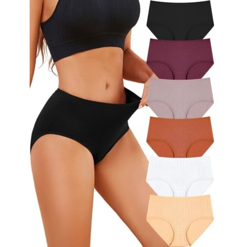 FINETOO Cotton Underwear Women High Waisted Ribbed Breathable Briefs 6 Pack | Lightweight, Full Coverage, Soft Stretchy Briefs, Chic Lingerie, Flattering Outfit, Fitness Workout, Daily & Travel wear
