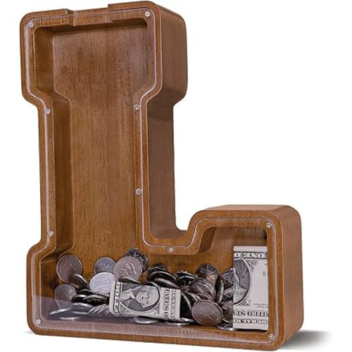 JOOMLAFLY Wooden Letter Piggy Bank for Kids Larger Letter Piggy Bank for Boys and Girls Personalized Piggy Bank Initial Coin Bank Wood Kids Money Bank for Birthday and Festival