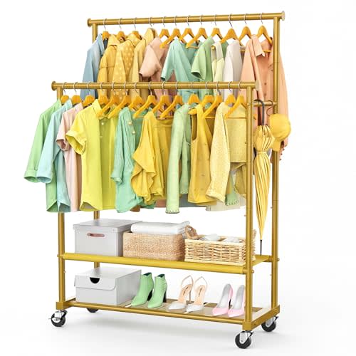 Double Rods Clothes Rack for Hanging Clothes, Heavy Duty Rolling Clothing Rack with Wheels, Freestanding Garment Racks with Oxford Bottom Shelf and Mesh Bottom Shelf for Bedroom Laundry (Gold)