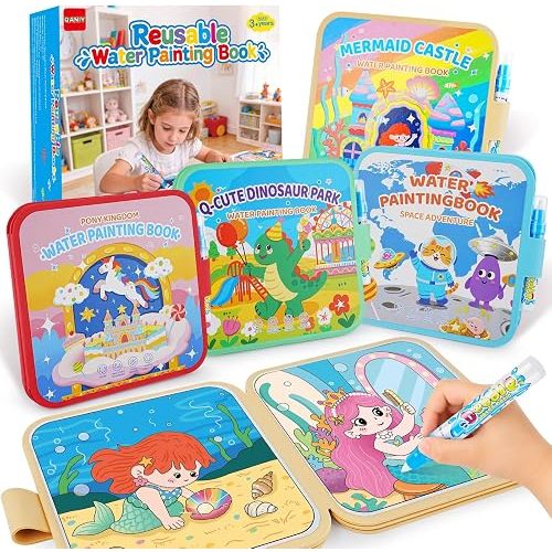 QANIY 4 Pack Reusable Water Painting Book, 40 Vivid Pages Mess-Free Coloring Books, Magic Water Coloring Books with Water Pens for Toddlers, Portable Travel Toys, Gift for Girls & Boys Ages 3+, 3-5