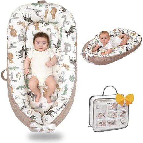 Baby Lounger-Breathable and Soft Organic 100% Cotton, Portable Infant Lounger with Removable Lounger Cover, Floor Lounger for Newborn - Animal