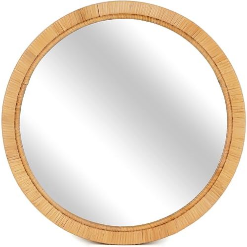 Rattan Wall Mirror - 20" Boho Round Bathroom Mirror Decorative Farmhouse Circle Mirror for Vanity Entryway Living Room Wall Decor