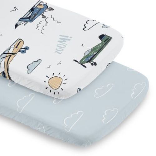 Sweet Jojo Designs Boy Baby Bassinet Fitted Sheets Set Airplane Green and Blue 2pc