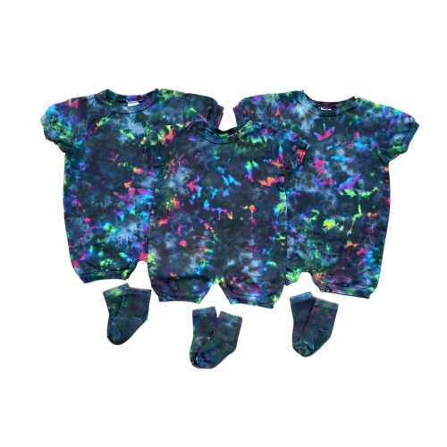 12, 16, 24 Month Black Opal Tie Dye Baby Bubble Romper & 12-24M Socks