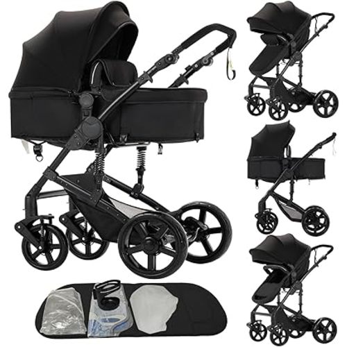 2 in 1 Baby Stroller Reversible Portable Standard Baby Stroller Convertible Pushchair Infant Buggy Baby Carriage Foldable High Landscape Pram for Toddler Newborn (2US588-BLACK)