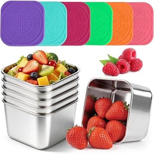 YQL 6-Pack 6oz Square Stainless Steel Snack Containers – Leakproof Metal Food Storage with Colorful Silicone Lids, Reusable Small Boxes for Travel & Meal Prep