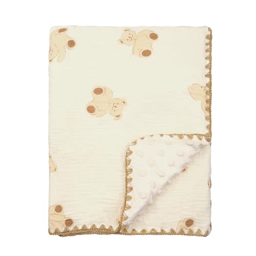 Baby Blanket 40x40 Inches,Muslin Cotton and Minky Dotted Double Layer Soft Receiving Blanket for Newborn Toddler,Bear