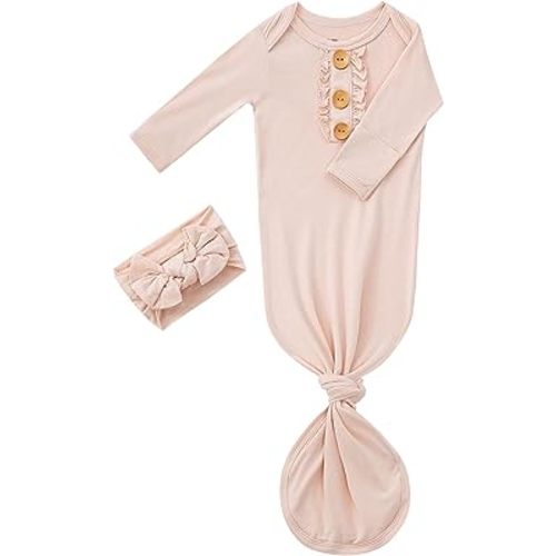 Newborn Baby Girls Knotted Gown Headbands Set Soft Viscose from Bamboo Infant Sleeper Baby Sleep Gown with Mittens