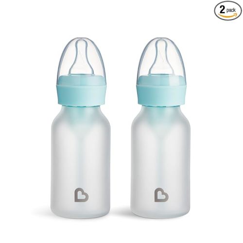 Munchkin Bond Silicone Coated Glass Baby Bottles - Anti-Colic Feeding System with Natural Feel Nipples, 4 Ounce, 2 Pack, Blue
