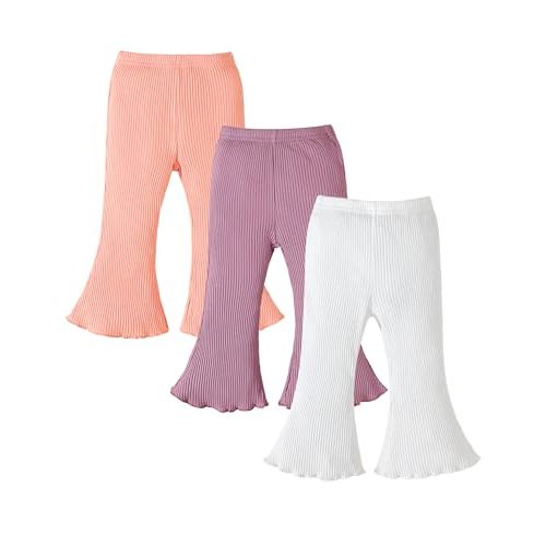 Coaturi 3 Pack Baby Girl Pants: Infant Solid Ribbed Flare Pants Cotton Pull On Bottoms Leggings for Toddler 0-24 Months