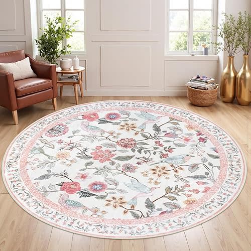 Pink Floral Round Rugs 6ft, Washable Boho Large Circle Rug for Living Room, Soft Non-Slip Botanical Nursery Circular Carpet, Modern Flower Birds Throw Rug for Kids Room Bedroom