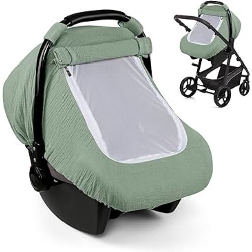 Muslin Baby Car Seat Cover for Boys Girls, 3 Layer Infant Carseat Canopy with Breathable Mesh Peep Window, Summer Lightweight Sunshade Carrier Cover for Newborn, Green