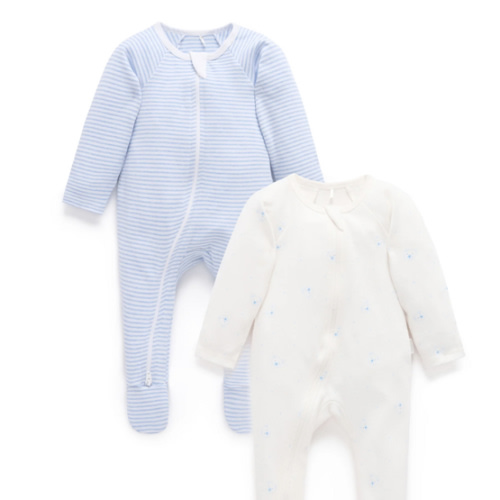 2 Pack Zip Growsuit - Pale Blue Bear Pack - Purebaby
