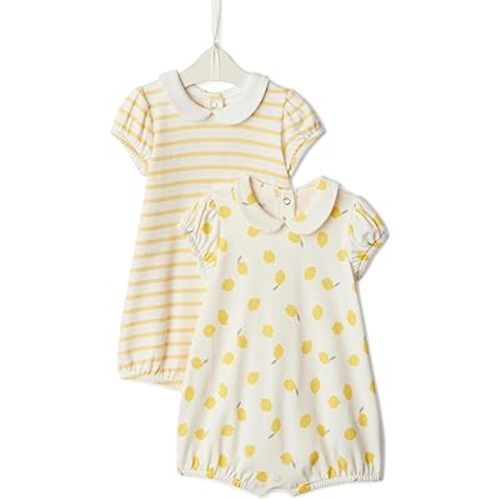 Amazon Essentials x Sofia Grainge Baby Girls' Cotton Short Sleeve Romper with Peter Pan Collar, Pack of 2