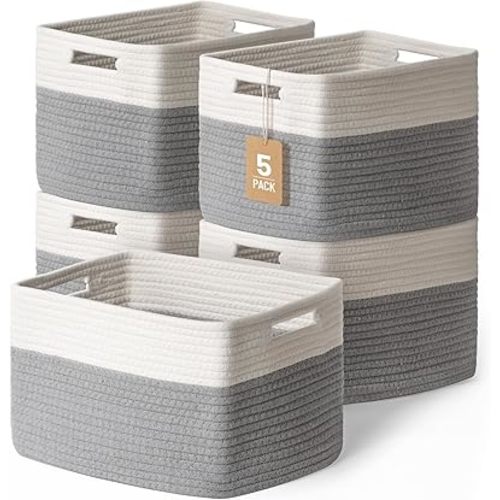 5 Pack Woven Storage Baskets for Shelves, Decorative Basket Closet Organizer Storage Bins for Clothes, Books, Pantry, Bathroom – Cotton Rope Shelf Baskets for Organizing and Decor, Gray & White