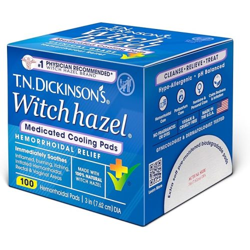T.N. Dickinson’s Medicated Cooling Pads with Witch Hazel and Aloe | Hemorrhoid Treatment, Postpartum Care, Feminine & Rectal Relief | 100 Rounds