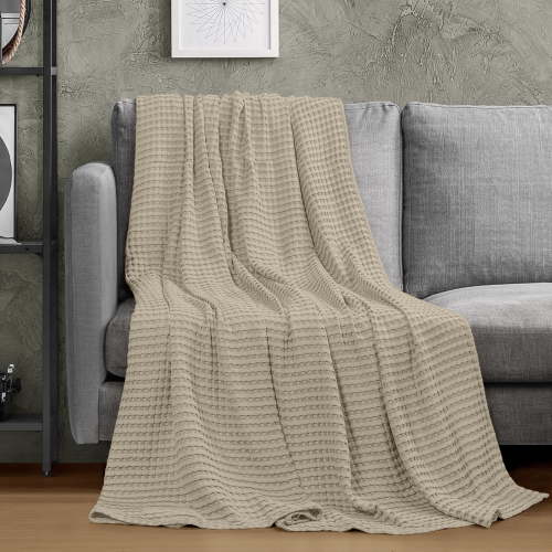 Utopia Bedding 100% Cotton Waffle Weave Blanket Throw Size for Couch Sofa - Lightweight, Breathable Summer Blankets Soft and Cozy, Gifts for Women Home Room Decor (Khaki, 56x60 Inch)