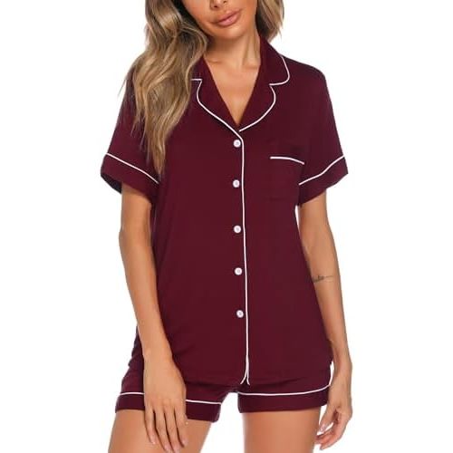 Aamikast Button Up Pajama Set for Women Shorts Short Sleeve Knit Sleepwear 2 Pice Pjs Sets