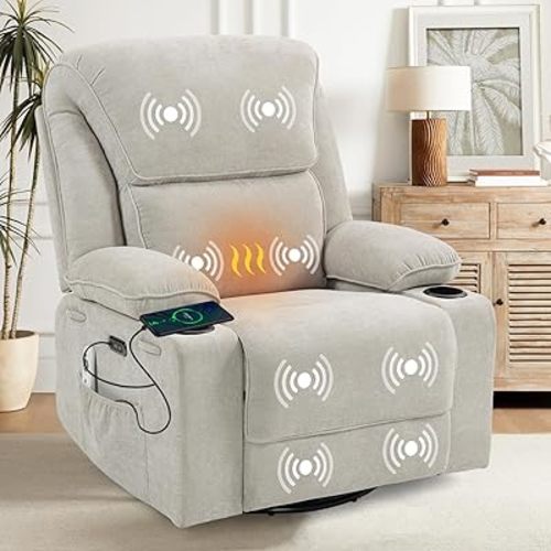 Recliner Chair Power Control, Nursery Reclining & Rocking Chair and Glider, Massage Swivel Living Room Furniture for Small Spaces, Bedroom, RVS, Lounge Sofa Chairs with USB & Type C Ports (Linen Gray)