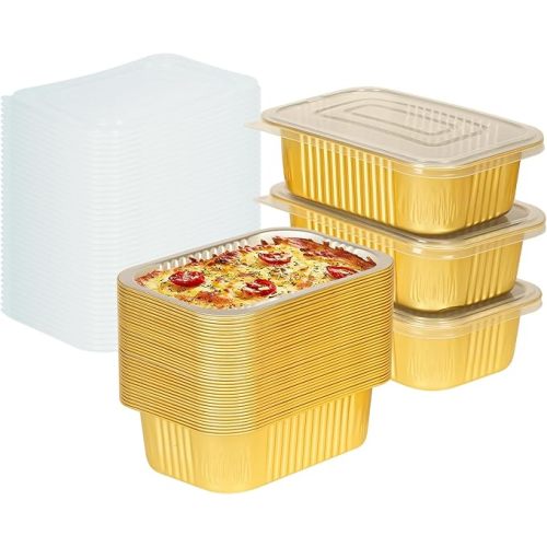 40 Pack 7.2"×5"×1.8" Gold Aluminum Foil Pans with Lids Heavy Duty, 1.5 LB Foil Food Containers with Lids, Disposable Tin Foil Pans for Baking, Meal Prep, Freezer, Heating and Takeout
