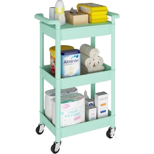 MIOCASA Utility Rolling Cart with Cover Top Board, 3-Tier Kitchen Storage Organization, Art Cart with Wheels for Office, Classroom, Livingroom, Kitchen, Bathroom (Green, 3-Tier-Plastic)