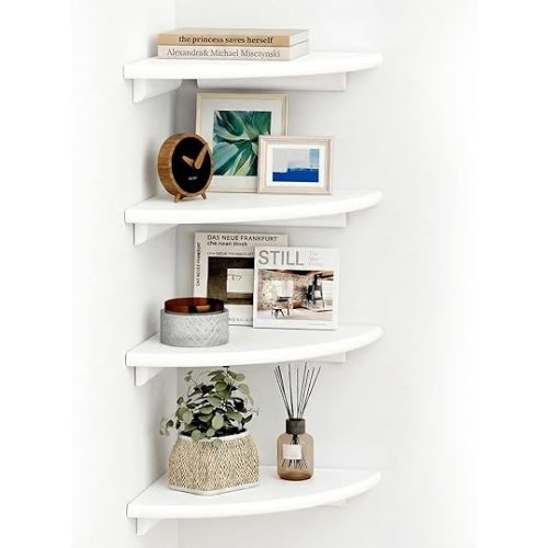 White Corner Floating Shelves for Wall – Set of 4, Rounded Wood Wall Mounted Corner Shelf with Hardware, Space Saving Decorative Storage for Kids Room, Bathroom, Living Room, Office – White