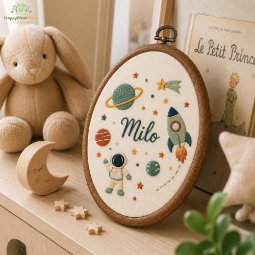 Embroidered Outer Space Nursery Hoop, Astronaut Name Sign, Baby Boy Room Decor, Space Explorer Newborn Keepsake, Little Adventurer Wall Art