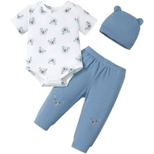 SUNNY PIGGY Baby Boy Clothes Newborn Boy Outfit Infant Romper Spring Summer Long Pants Set Hat 3PC