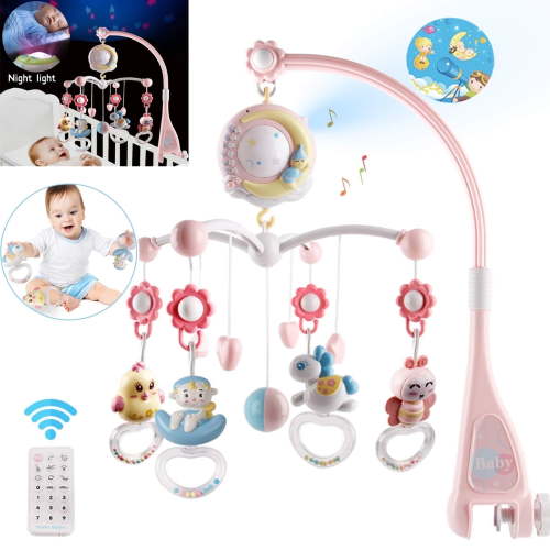 Baby Musical Crib Mobile with Projector Night Light Cartoon Rattles and Remote for Infant Boys Girls