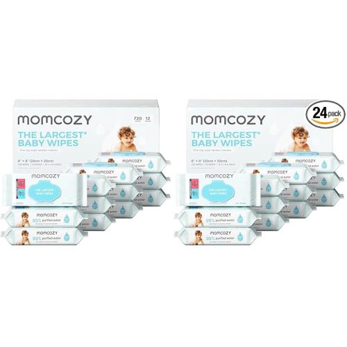 Momcozy Baby Wipes-Extra Large Size Design,99% Water Based,Unscented & Hypoallergenic,Cleansing & Moisturizing Baby Wipes for Sensitive Skin,12 Flip-Top Packs (720 Wipes Total),(Pack of 24)