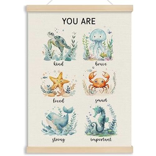 MOTERMATE Ocean Nursery Wall Art Poster, Kids Toddler Bathroom Decor, Beach Inspirational Canvas Poster Hanger Frame, Ocean Under The Sea Nursery Wall Hanging Banner Decor for Classroom, 12x16 Inch