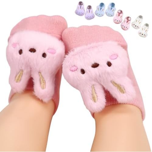 4 Pairs Baby Girl Socks with Non-Slip Grips,Cute Rabbit Low Cut Ankle Socks for Newborn Toddler Infants 0-6 Months
